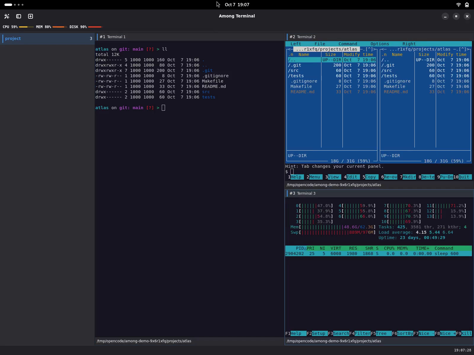 Separate live terminals running ll, mc and htop