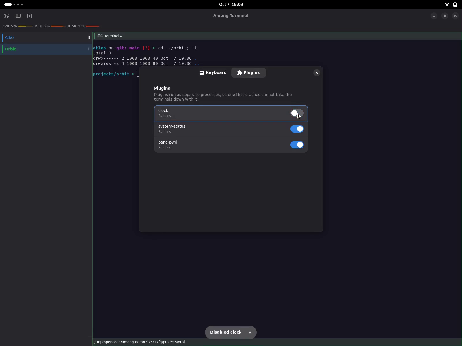 Toggling clock, resource meters and pane directories in Settings