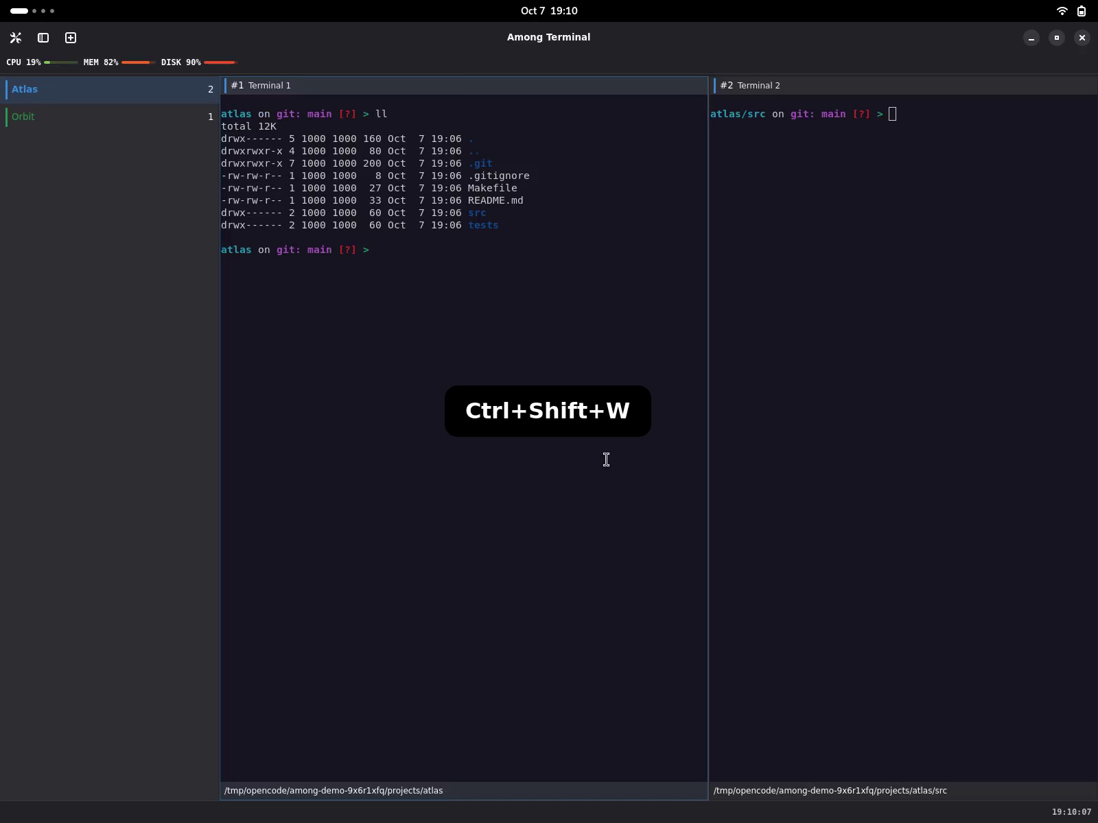 Closing one pane and typing ll in its surviving sibling